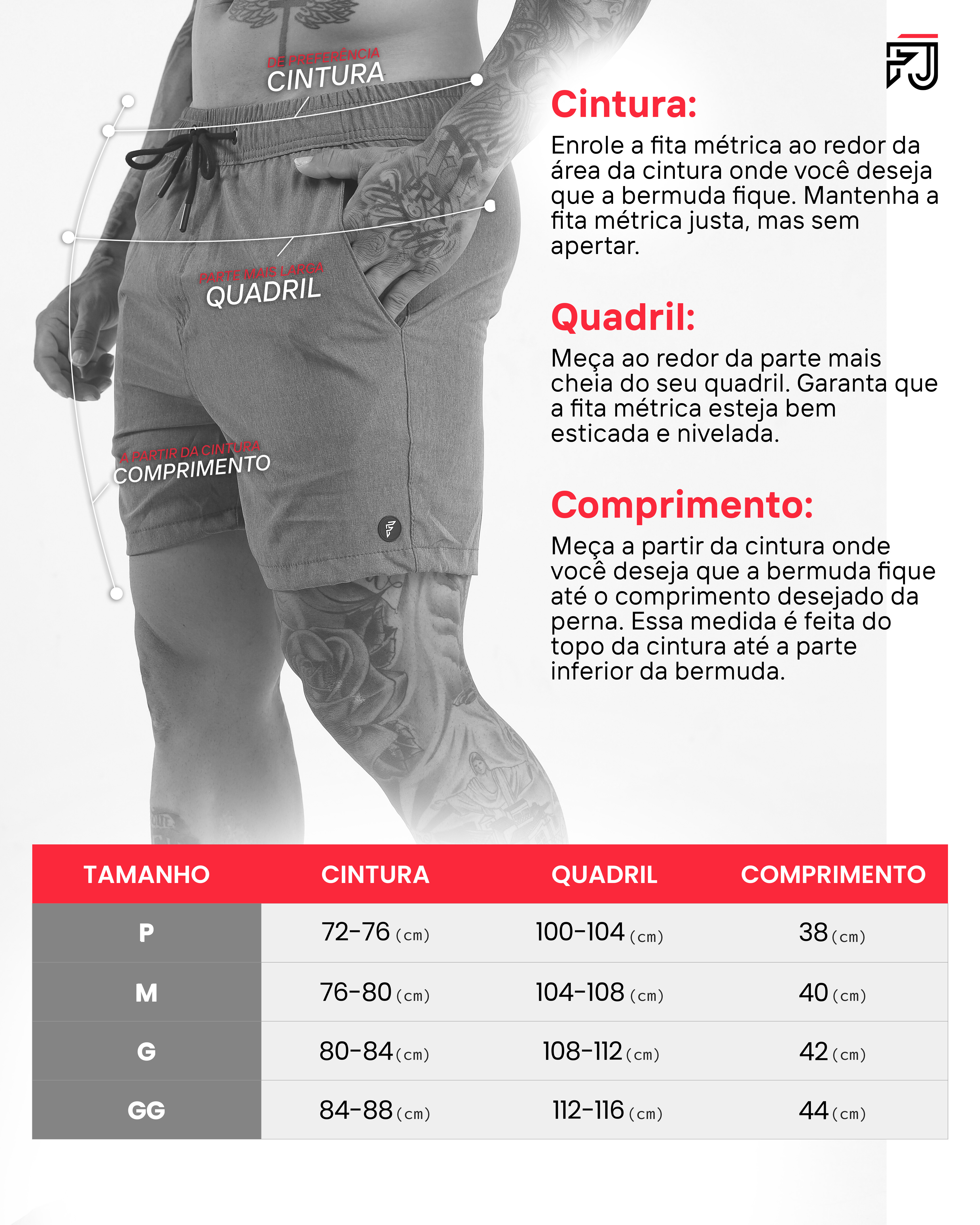 Tabela de medidas shorts sarja